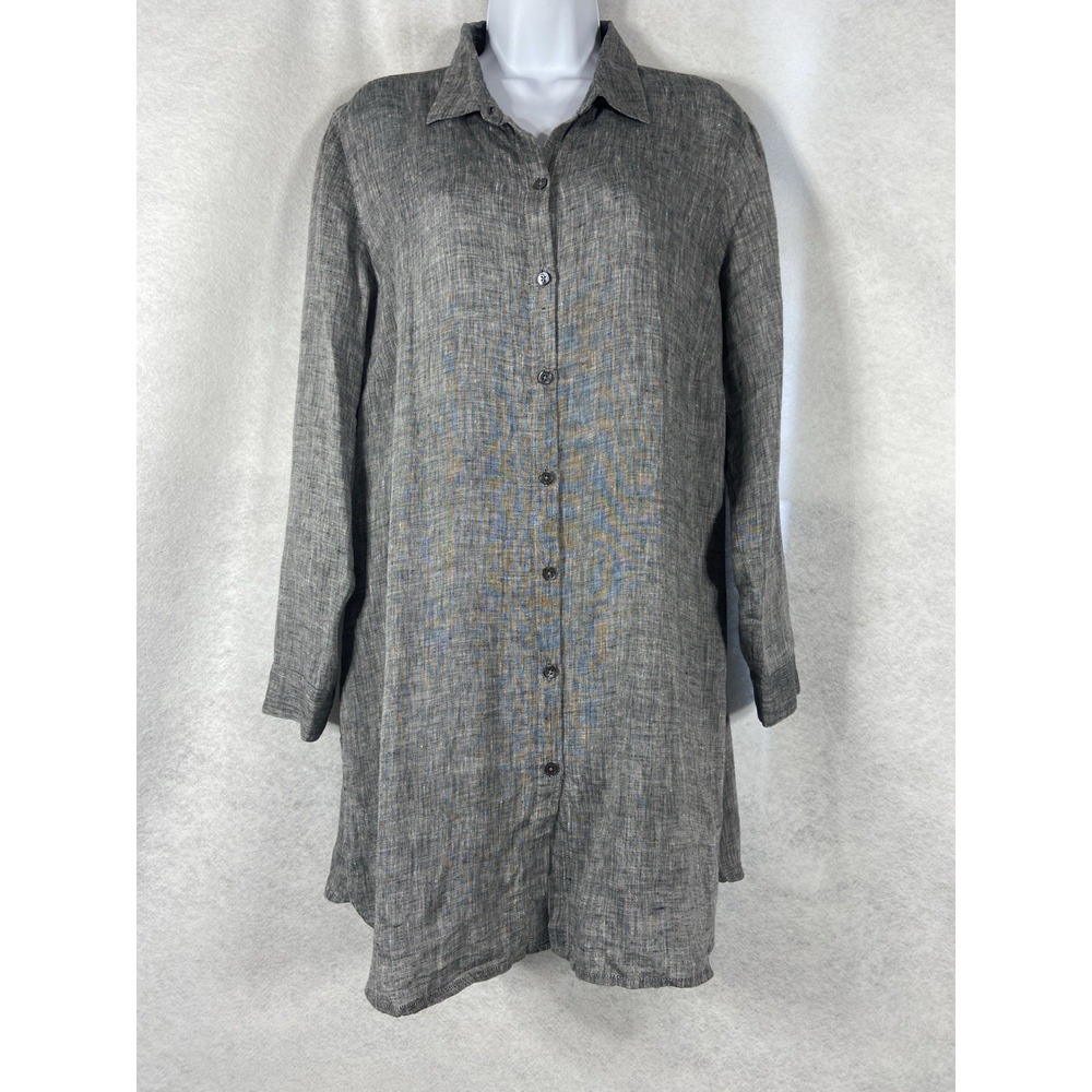 J Jill Love Linen Top‎ Women's Petite PL Gray Tunic Button Up 100% Linen